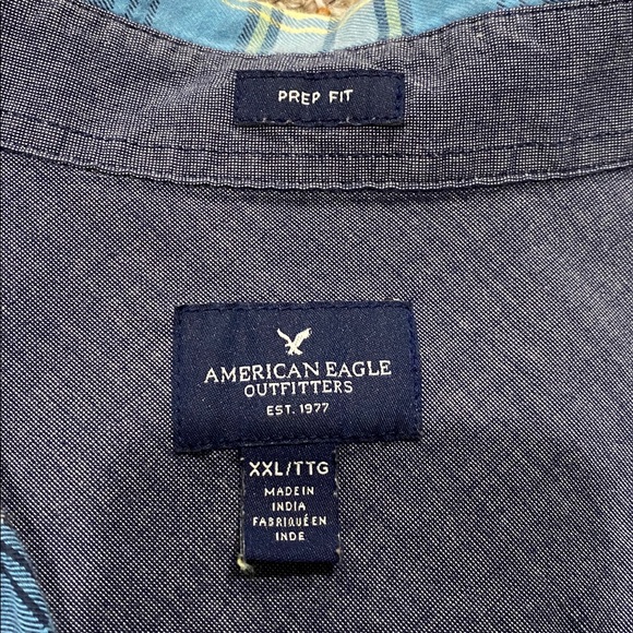 American Eagle Blue and White Plaid Men's Shirt - Picture 3 of 5